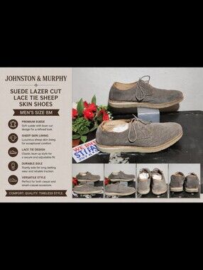 JOHNSON & MURPHY Suede Lazer Cut Lace Tie Sheep Skin Shoes Men's 8M
